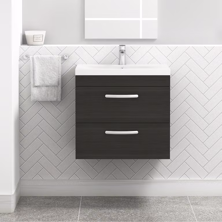 Royal Bathrooms Turin Wall Hung Vanity Unit in Charcoal Oak with 2 Drawers and Mid-Edge Sink Unit, Width: 60 cm