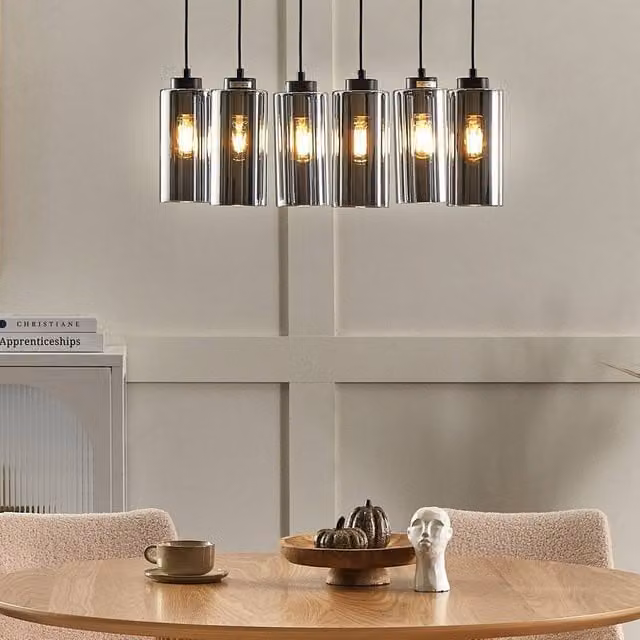 Wyld and Coco 6-Light Industrial Suspended Pendant Lamp with Grey Smoked Glass Shades and Black Metal Base – 1
