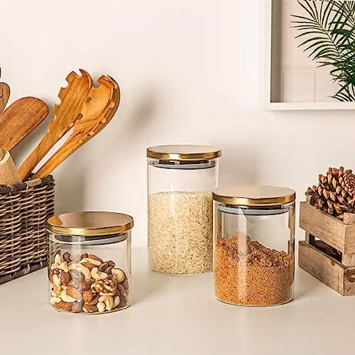 Argon Tableware Scandi Airtight Glass Storage Jar Set with Gold Lids, 5 Pieces, Transparent – 2