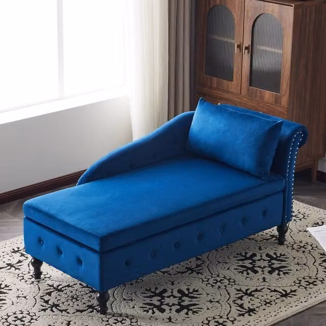 Merax Blue Velvet Right Arm Chaise Longue Sofa with Storage and Pillow
