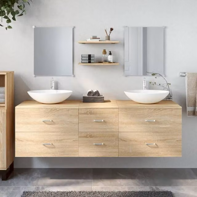 Berkfield Home 5 Piece Modern Wall Mounted Bathroom Furniture Set in Brown Oak Engineered Wood