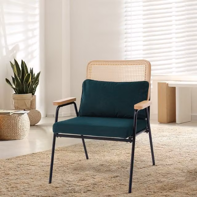Livingandhome Mid-Century Velvet Armchair with Rattan Back and Metal Frame in Dark Green and Black