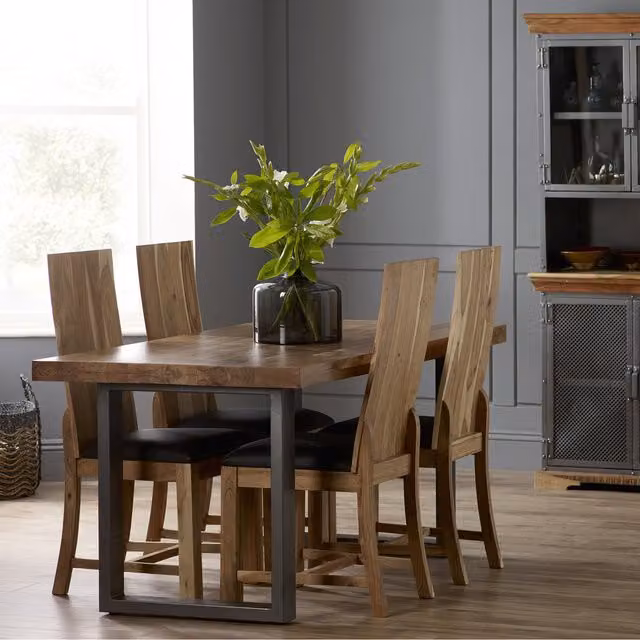 IH Design Industrial Rectangular Acacia Wood and Metal Dining Set with 4 Chairs in White and Brown