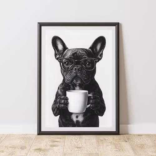 60 Second Makeover Funny French Bulldog Drinking Coffee Paper Poster, A3