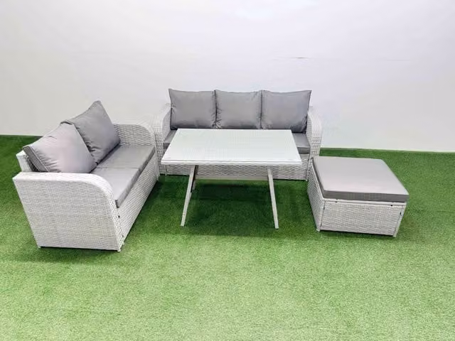 Fimous Rectangular Dining Table and Sofa Set with Large Stool in Light Grey