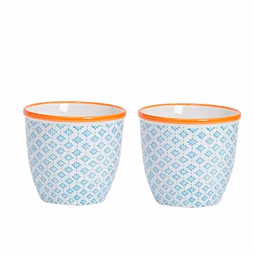 Nicola Spring Floral Patterned Ceramic Plant Pots, Blue and Orange, Pack of 2, Diameter: 14 cm, Height: 12.5 cm