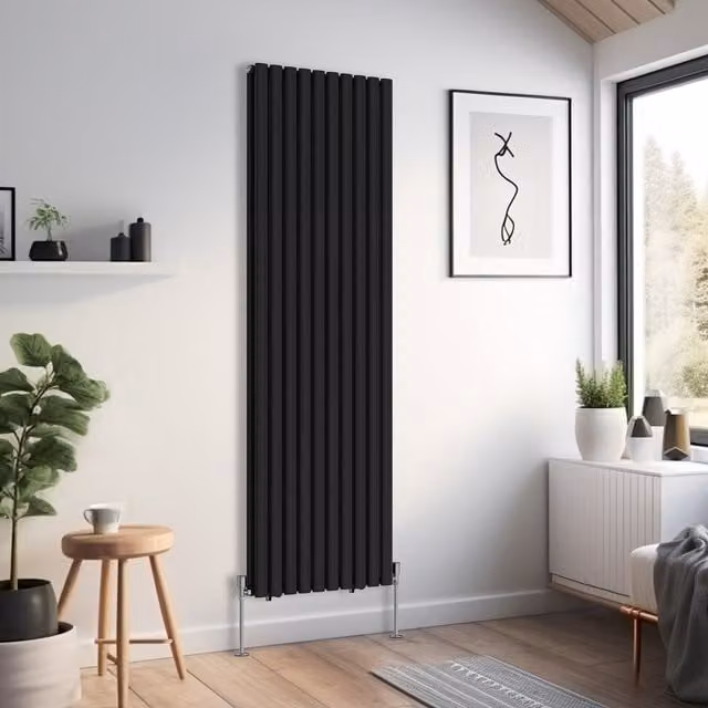 Oval Double Panel Vertical Radiator in Black, Height: 180 cm, Width: 59 cm