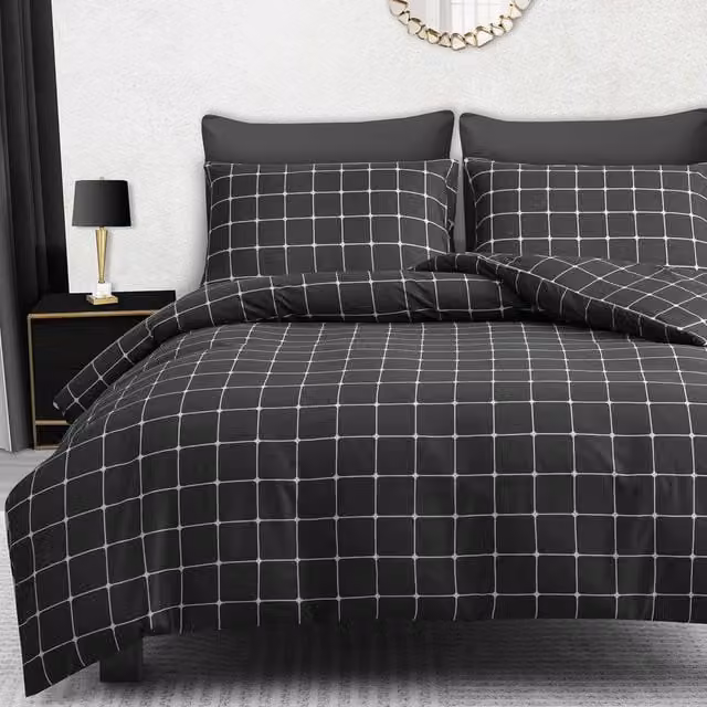 Pamposh Checked Microfibre Duvet Cover and Pillowcase Set in Anthracite Grey – 1