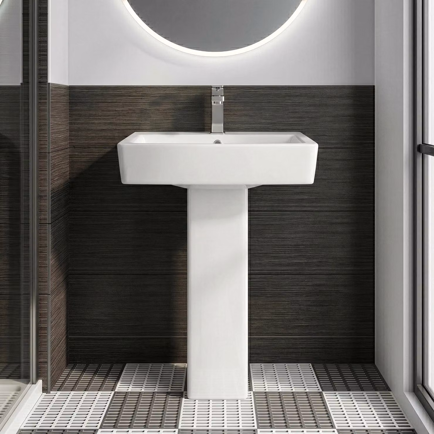 Balterley Square 1 Tap Hole Basin and Full Pedestal in White, W/D/H: 60 x 81 x 46 cm – 4