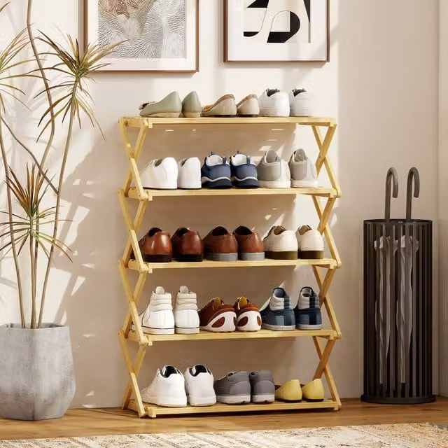 HOMCOM 5-Tier Folding Bamboo Shoe Rack in Brown Wood Finish