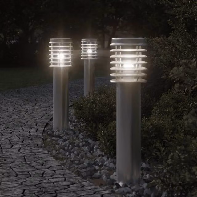 Berkfield Home Set of 3 Silver Stainless Steel Outdoor Floor Lamps, Height: 60 cm