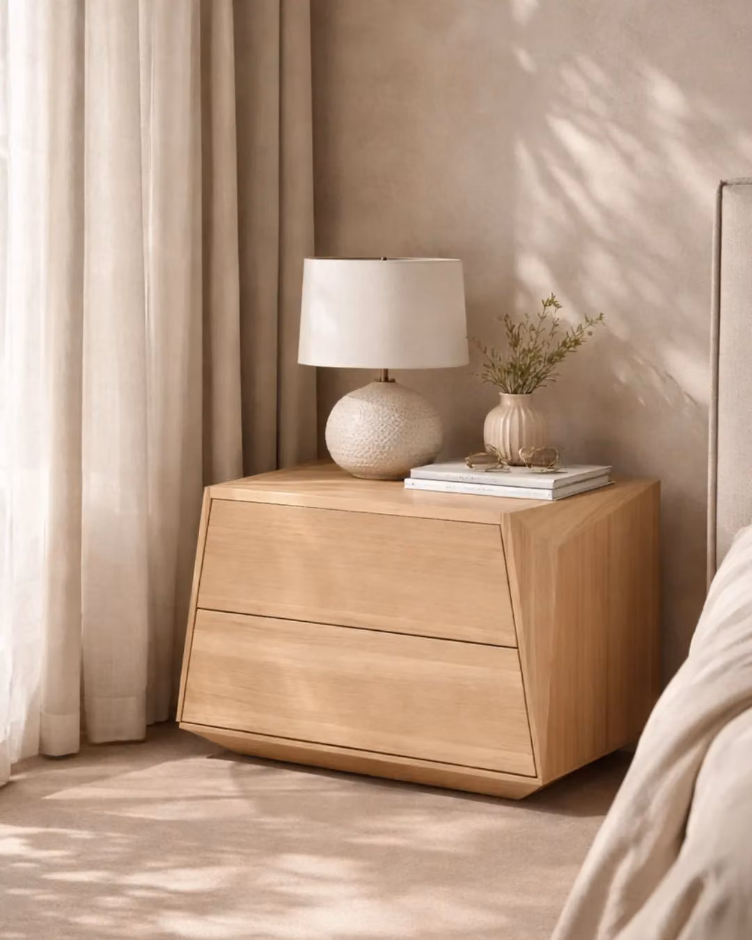 Tommy Franks Madon Wide Bedside Table in Ash Oak Brown and Beige