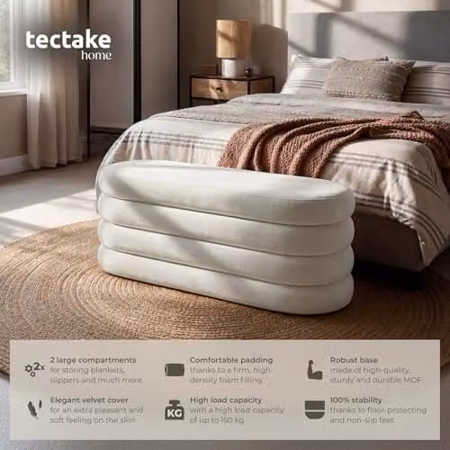 tectake Altu Storage Bench with Velvet or Bouclé Cover in Beige or White, W/D/H: 110 x 45 x 42 cm – 2