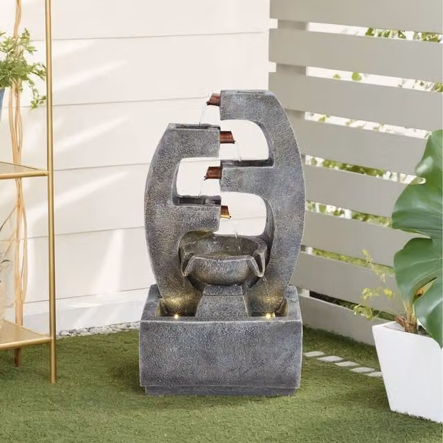 Lifeideas Modern Square Solar-Powered Stone Fountain in Grey and White, W/D/H: 25 x 25 x 25 cm