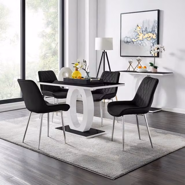 FurnitureboxUK Giovani Black Glass Dining Table and Four Pesaro Silver Leg Chairs Set, W: 120 cm