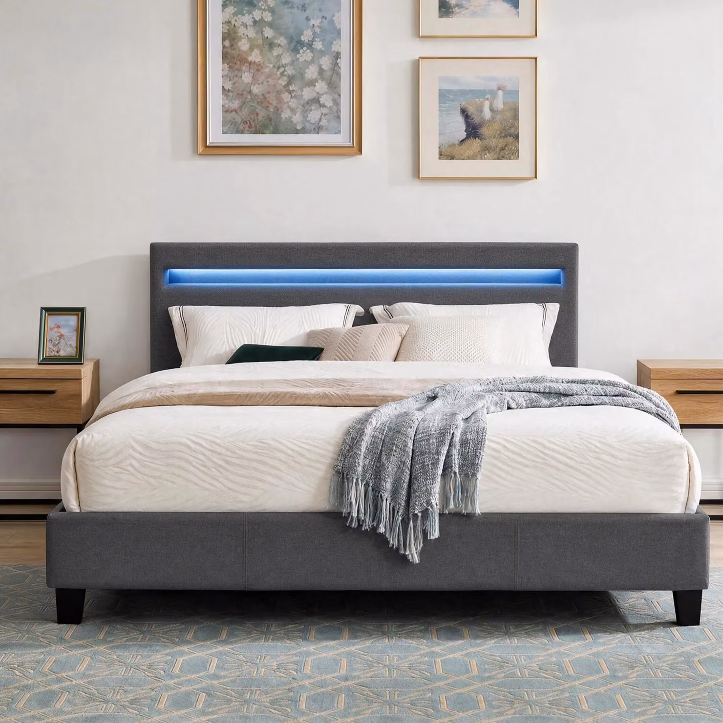 Comfy Living Ltd Modern Hopsack Fabric Upholstered Bedframe with LED Under-Bed Lighting in Grey, W/D/H: 120 x 200 cm – 2