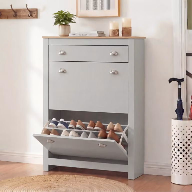 Modern Grey and White Slim Shoe Cabinet with Two Doors and Internal Drawers