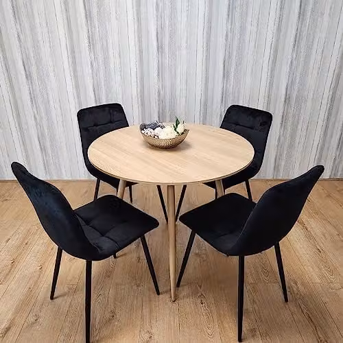 KOSY KOALA Round Oak Dining Table and 4 Black Velvet Chairs Set, W/D/H: 90 x 90 x 75 cm