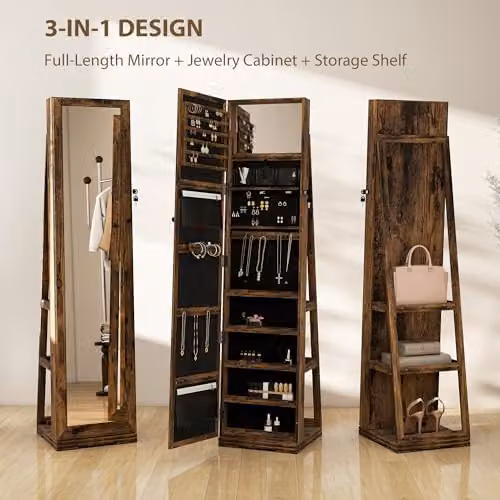 HOMCOM 360 Swivel Free Standing Jewellery Cabinet with Mirror in Rustic Brown, H 160 x W 38 x D 38 cm – 3