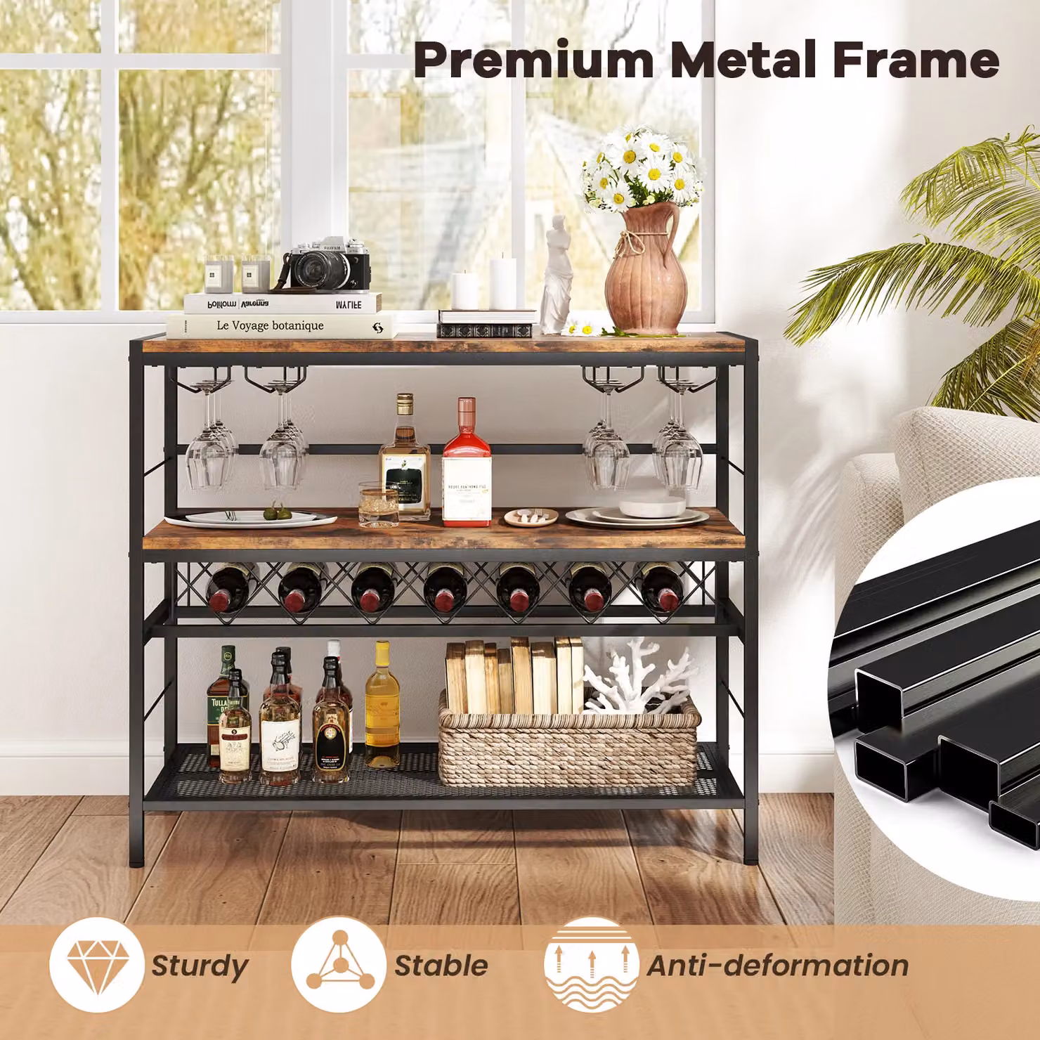 Gymax Industrial Freestanding Wine Bar Table with 4 Glass Holders in Brown – 5