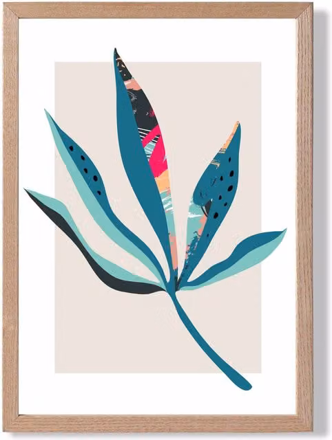 ARTZE Palm Leaf Blue and Pink Boho Botanical Framed Print with Oak Frame