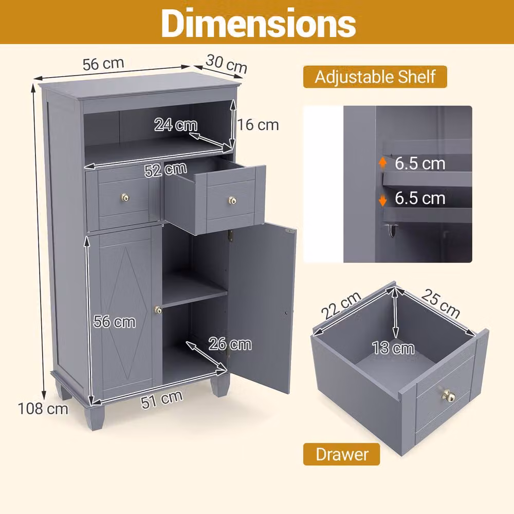 Costway Modern Grey Bathroom Floor Storage Cabinet with Drawers and Shelves – 2
