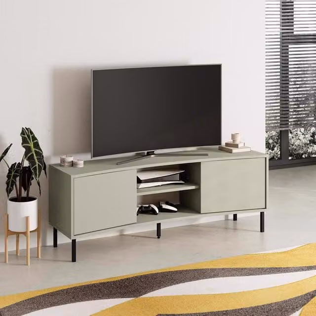 FWStyle Modern 2 Door Curved TV Unit Stand in Ash Green and Black – 1