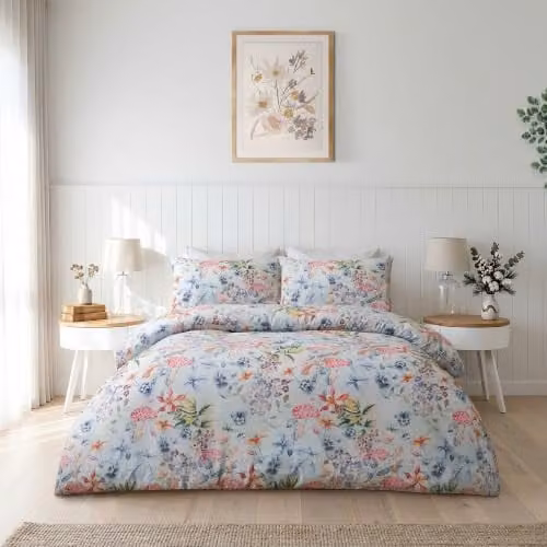Portfolio Home Grace Floral Duck Egg Blue Single Duvet Cover and Pillowcase Set, W/D/H: 90 x 200 cm and 50 x 70 cm