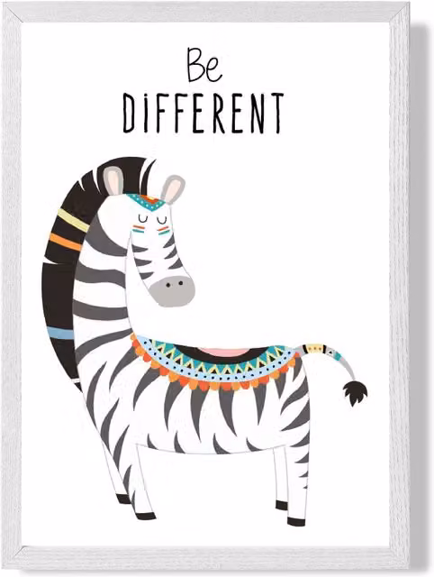 ARTZE Be Different Zebra Tribal Animal Quote Framed Print, Grey and White