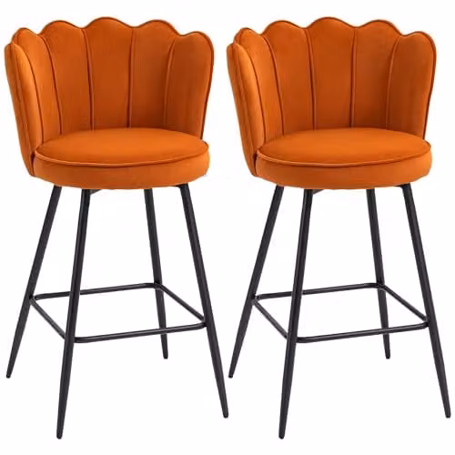 HOMCOM Set of 2 Orange Velvet Bar Stools with Petal Backrest and Metal Footrest