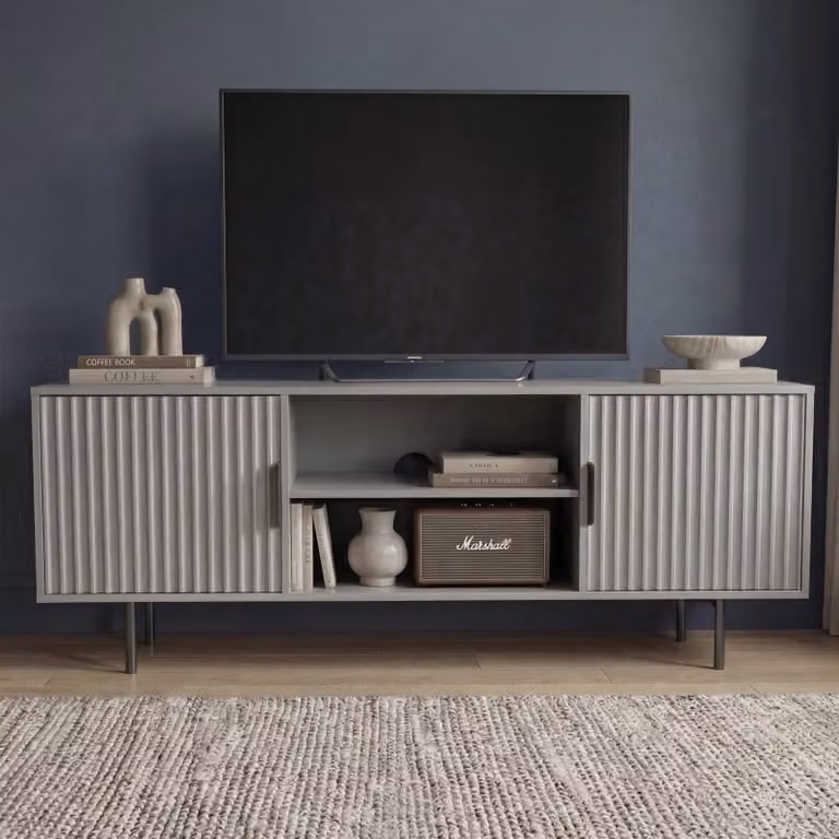 DHS Modern Fluted Grey Wood TV Unit with Soft Close Drawers and Media Compartments, W: 140 cm, D: 40 cm