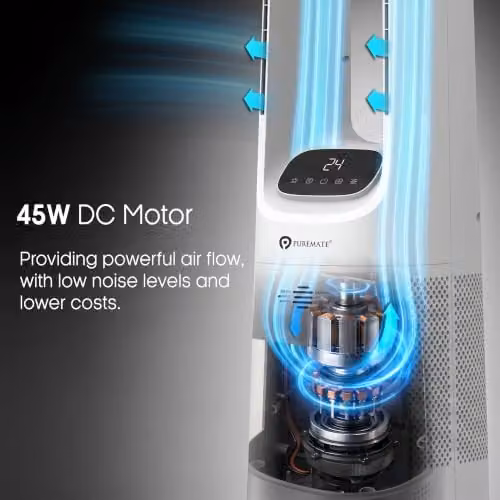 PureMate Bladeless Tower Fan in White with DC Motor, Remote Control, Timer, Sleep Mode and Oscillation – 5