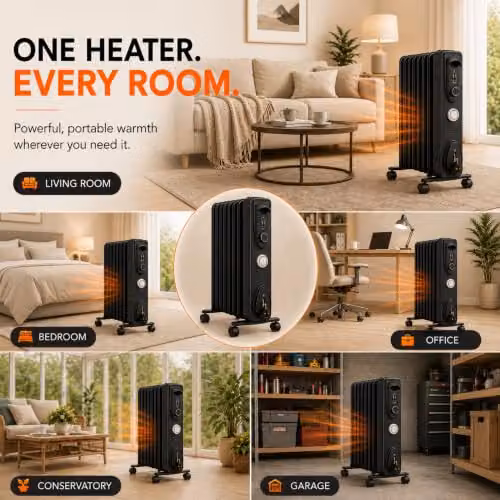 Mylek 2000W Oil Filled Radiator in Black and Grey, Freestanding Metal Heater with Thermostat, Tilt Protection and Overheat Protection, H 63 cm x W 39 cm – 5