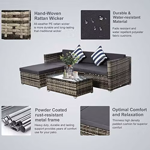 Outsunny 5 Piece L-Shape Polyrattan Garden Furniture Set with Cushions in Grey – 4