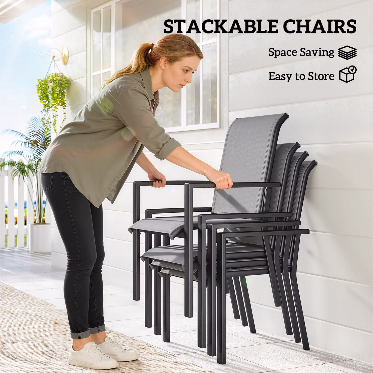 Outsunny 5 Piece Outdoor Dining Set in Grey with Square Table and Stackable Chairs – 5