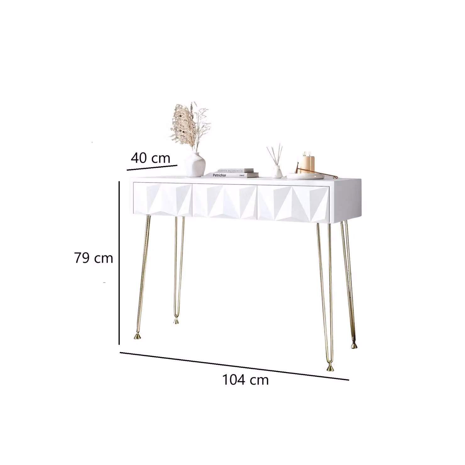 CARME HOME Claudia White 3 Drawer Dressing Table with Gold Metal Hairpin Legs – 4