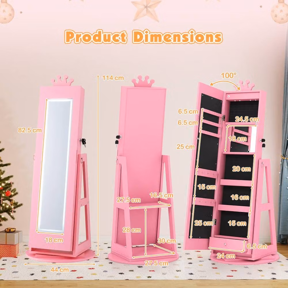 Gymax 360 Swivel Jewelry Cabinet Armoire with LED Lighted Full Length Mirror in Pink – 2