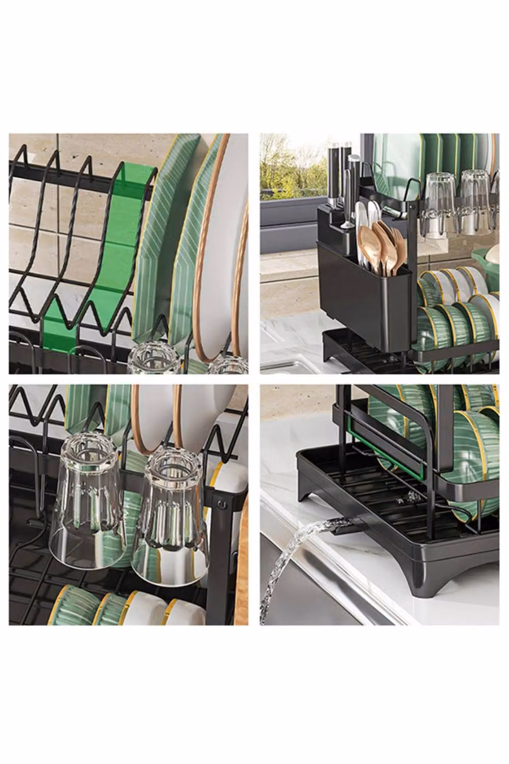 KDMD 2 Tier Sink Dish Drainer Rack with Drip Tray and Cutlery Holder, Black Coated Steel – 4