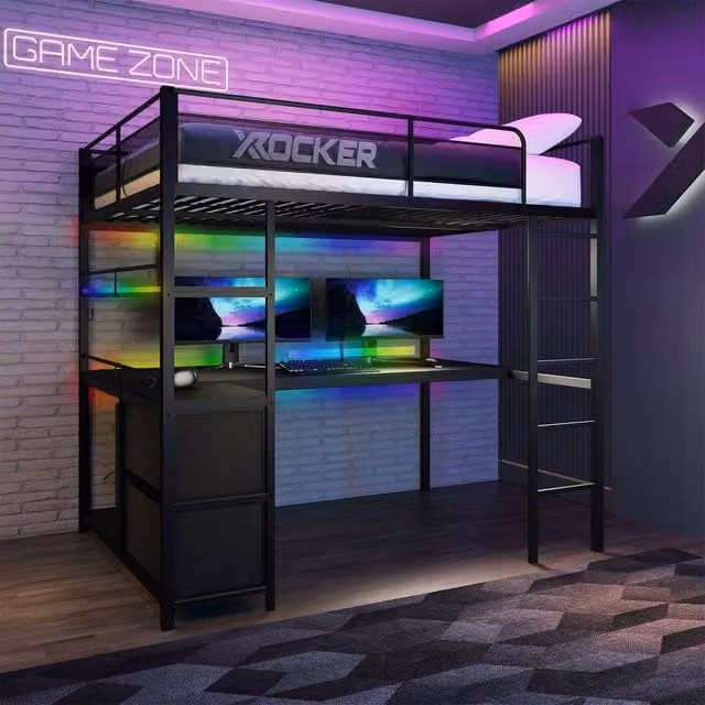 X Rocker Battlebunk XL RGB LED Double High Sleeper Gaming Bunk Bed with Desk and Under-Bed Lighting, Black, W/D/H: 200 x 140 x 182.9 cm – 1