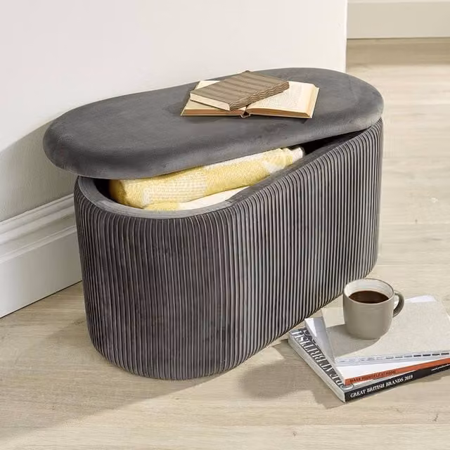 Home Source Grey Velvet Ottoman Storage Box Pouffe Seat and Footstool – 1