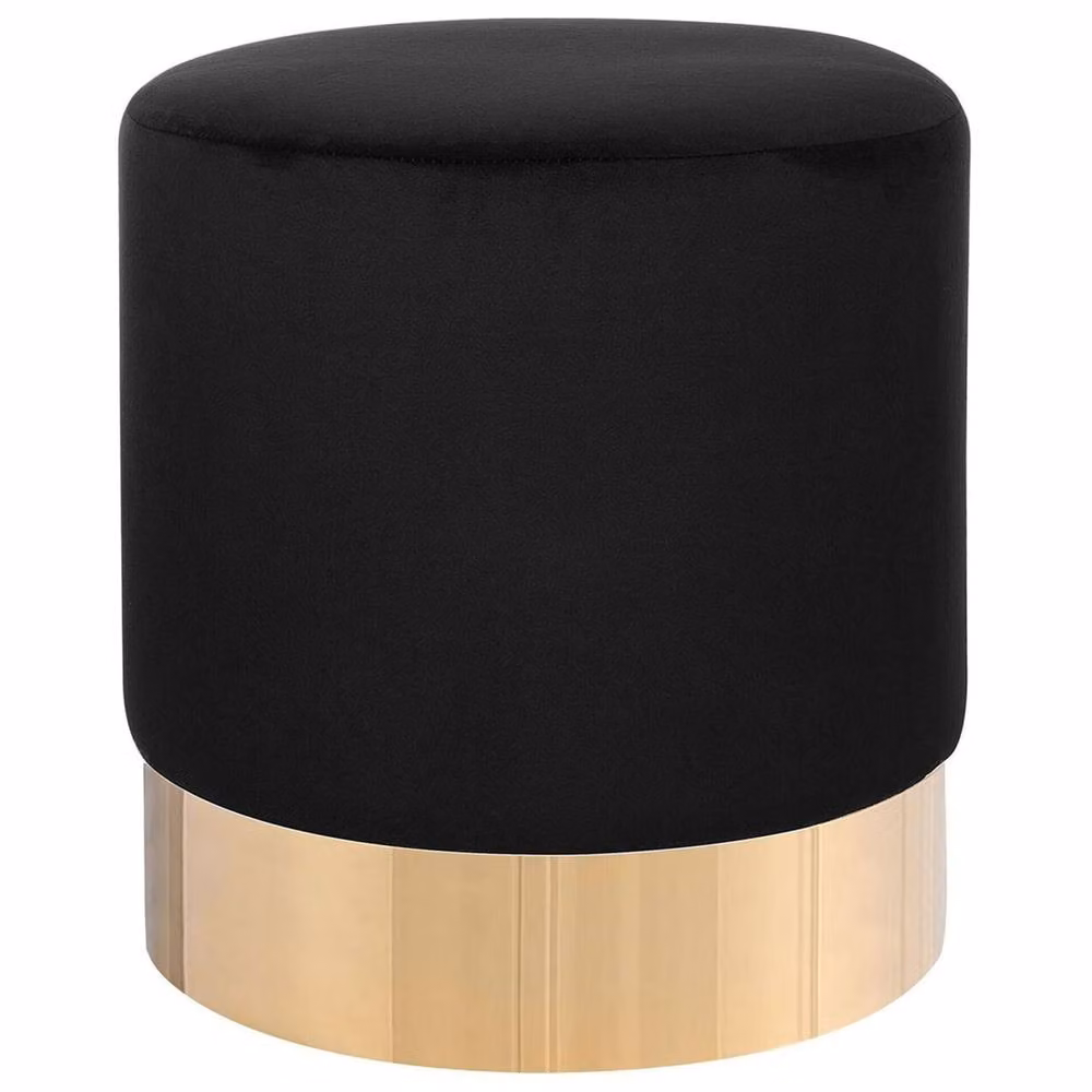 Wyld and Coco Living Velvet Round Footstool in Black with Gold Base – 2