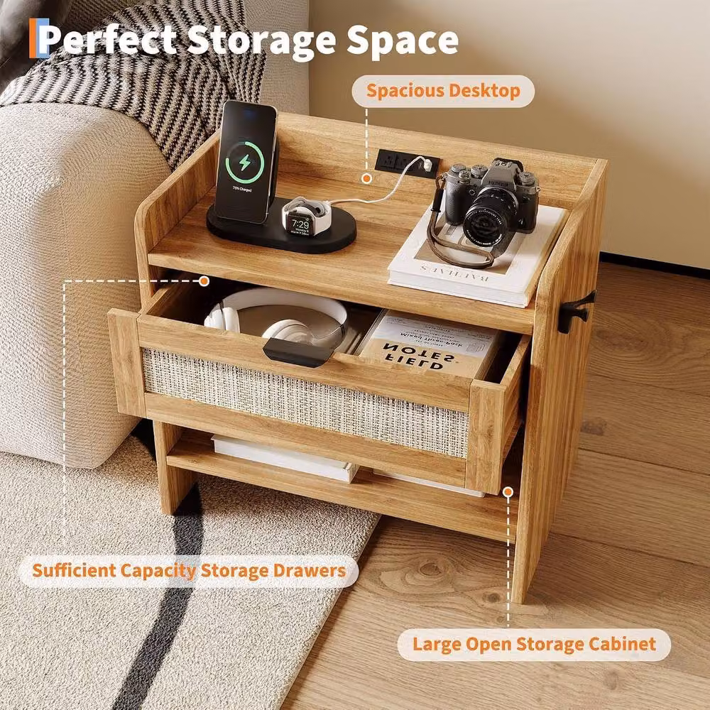 London Boutique Boho Rattan Bedside Cabinet with Charging Station and Hook in Walnut Brown – 4