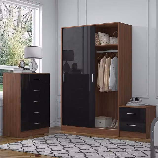 REFLECT Bedroom Furniture Bundle with Sliding Wardrobe, Tall Chest and Bedside Table in Black Gloss and Matt Walnut