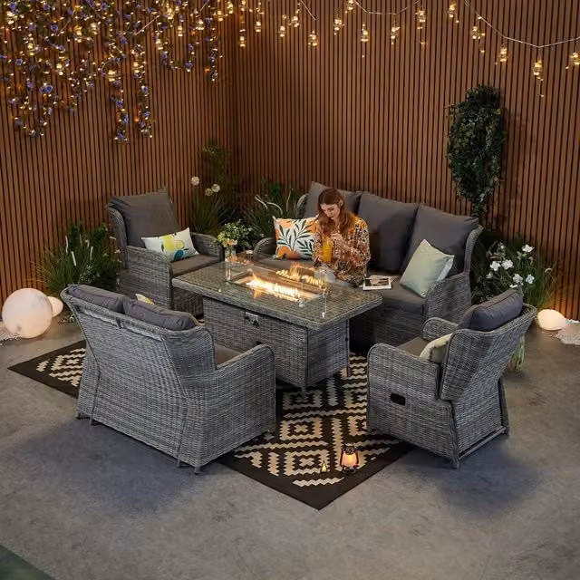 Furniture One Grey Rattan Garden Furniture Set with Fire Pit Table, 3 Seater Sofa, Loveseat and 2 Recliner Chairs