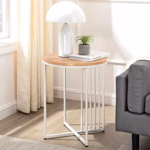 EONLION Set of 2 Minimalist Round Slatted Side Tables in Beige, MDF and Metal, W/D/H: 45 x 45 x 54 cm