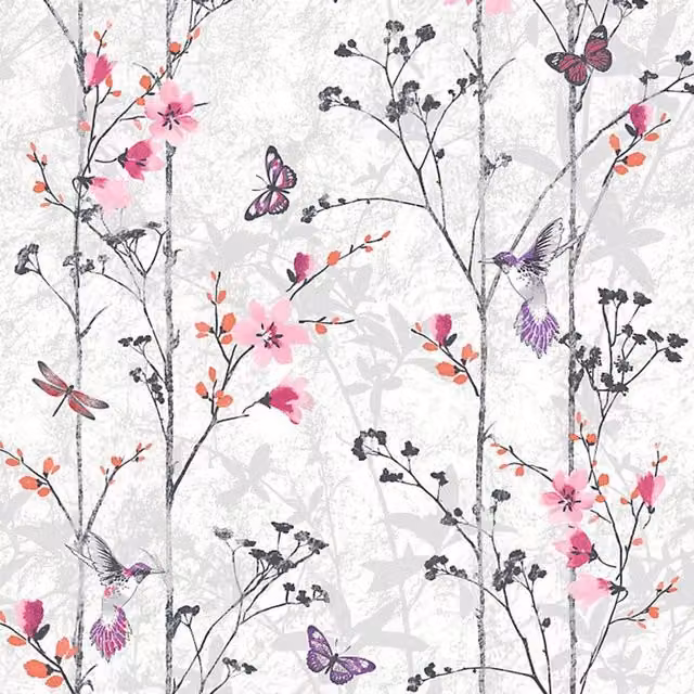 Muriva Eden Butterflies Pink Floral Botanical Wallpaper Roll