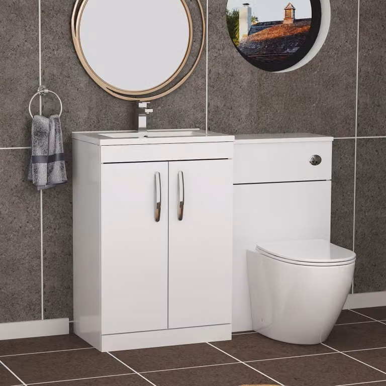 Royal Bathrooms Gloss White 2 Door Furniture Pack with Minimalist Basin and Slim Elva Back to Wall Toilet, Width: 110 cm