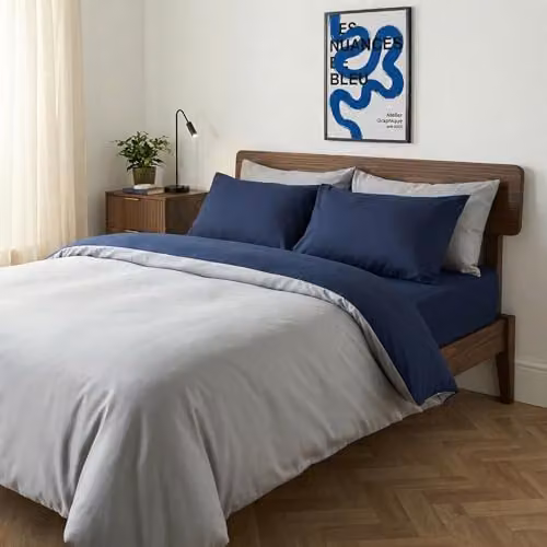 OHS Reversible Plain Microfibre Duvet Cover and Pillowcase Set in Blue and Grey, Double