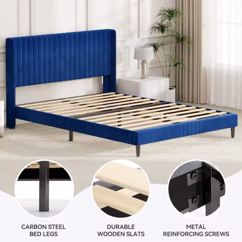 MCC Direct Charlie Velvet Upholstered King Size Bed Frame in Blue, W/D/H: 180 x 200 x 105 cm – 4