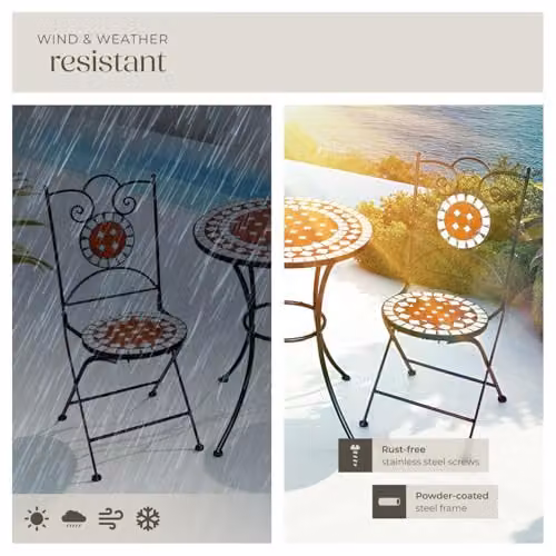 tectake Mosaic Garden Bistro Set in Brown and Multicolour with Metal and Stone Geometric Design – 4